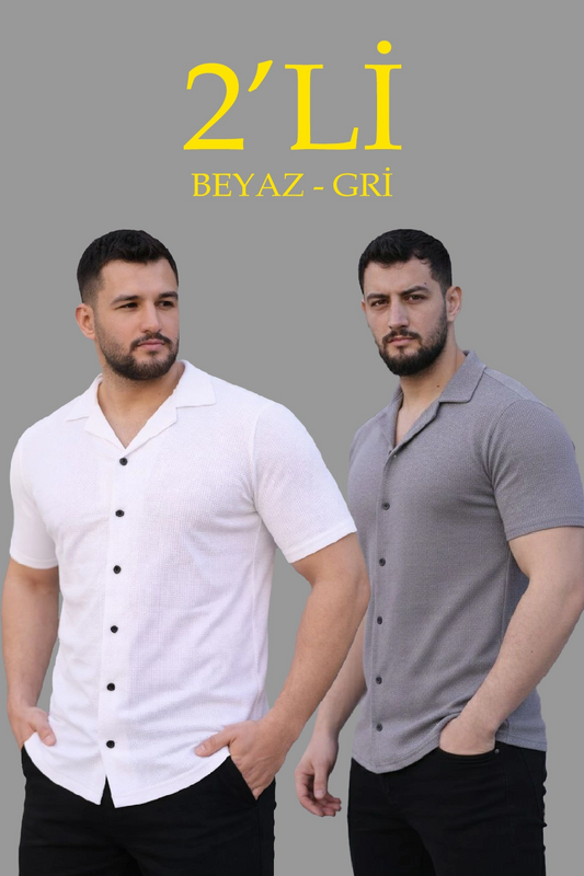 Erkek Waffle Dokuma Açık Yakalı Düğmeli Regular Kalıp 2 li Gömlek Seti - Beyaz & Gri