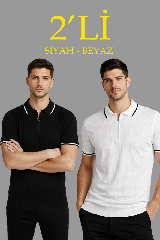 Erkek 2 li Paket Dokuma Triko Fermuarlı Yakalı Fitilli Kısa Kollu Regular - Beyaz & Siyah
