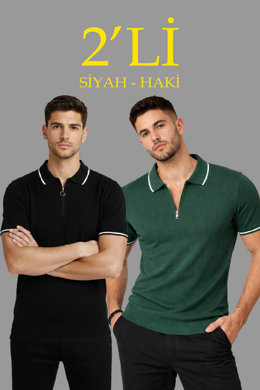 Erkek 2 li Paket Dokuma Triko Fermuarlı Yakalı Fitilli Kısa Kollu Regular - Haki & Siyah