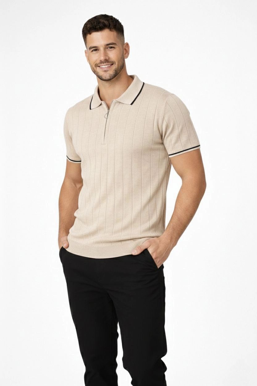 Erkek Dokuma Triko Tişört Fermuarlı Polo Yaka Yazlık Kısa Kol T-Shirt 2 li Set Bej-Beyaz