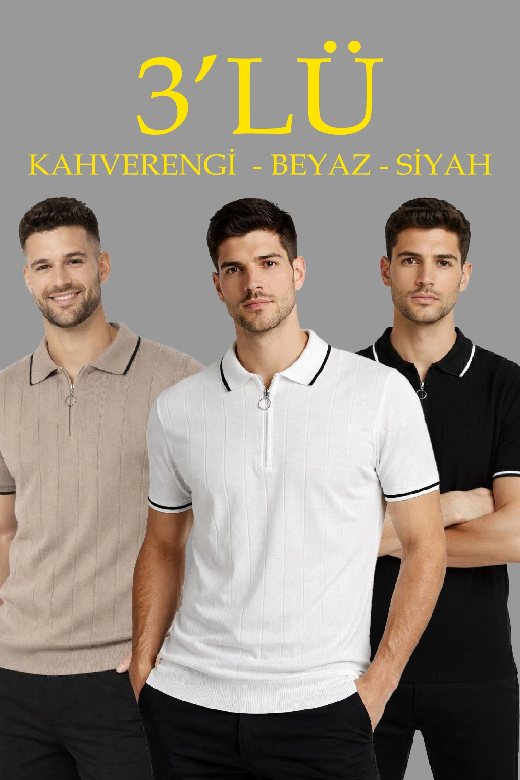 Erkek 3 lü Paket Dokuma Triko Fermuarlı Yakalı Fitilli Kısa Kollu Regular Fit Tişört