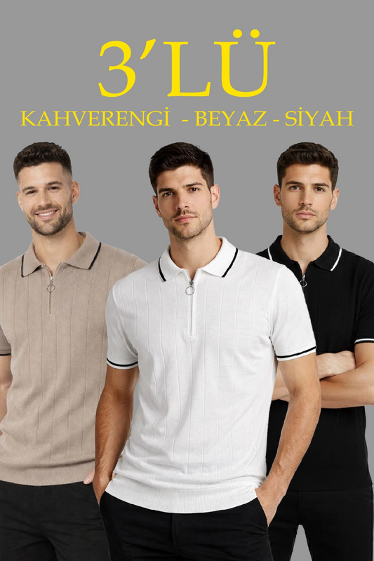 Erkek 3 lü Paket Dokuma Triko Fermuarlı Yakalı Fitilli Kısa Kollu Regular Fit Tişört