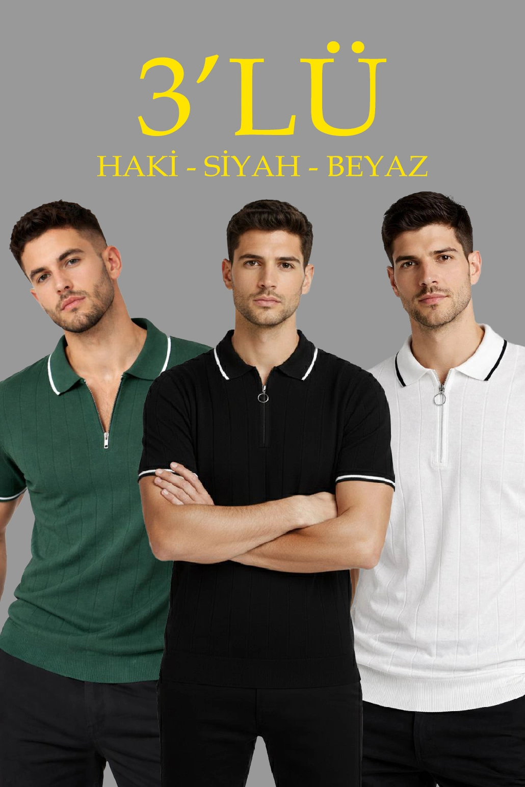Erkek 3 lü Paket Dokuma Triko Fermuarlı Yakalı Fitilli Kısa Kollu - Beyaz, Haki, Siyah
