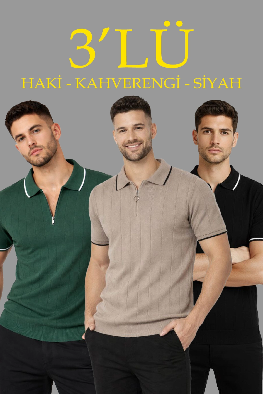 Erkek 3 lü Paket Dokuma Triko Fermuarlı Yakalı Fitilli Kısa Kollu Regular Fit Tişört -