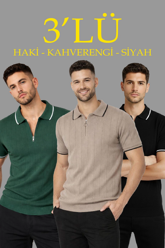 Erkek 3 lü Paket Dokuma Triko Fermuarlı Yakalı Fitilli Kısa Kollu Regular Fit Tişört -
