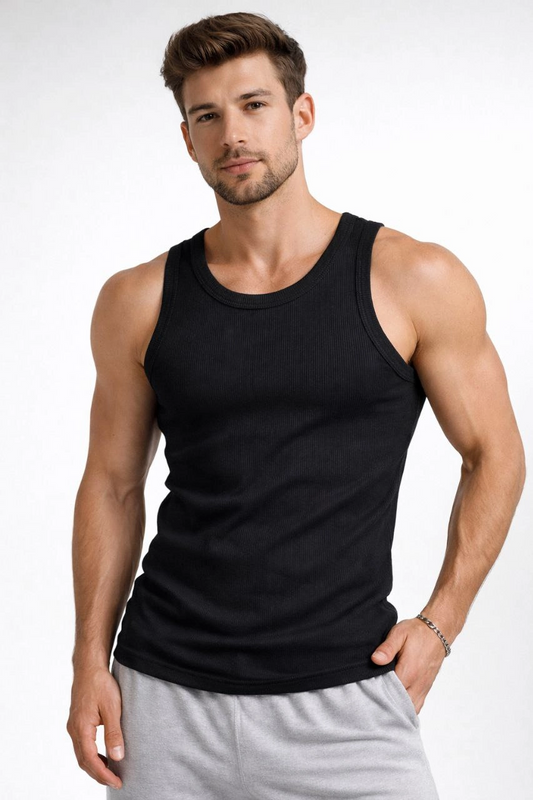 Erkek Fitilli Atlet Sıfır Yaka Slim Fit Arka Baskılı Spor Atlet - Siyah