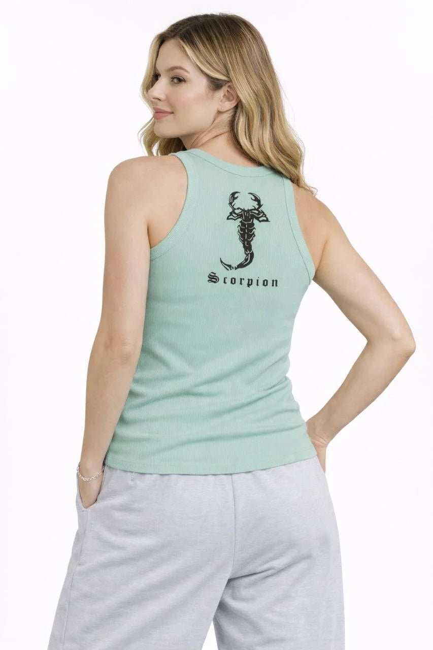 Kadın Fitilli Atlet Sıfır Yaka Slim Fit Arka Baskılı Spor Atlet - Mint Yeşili