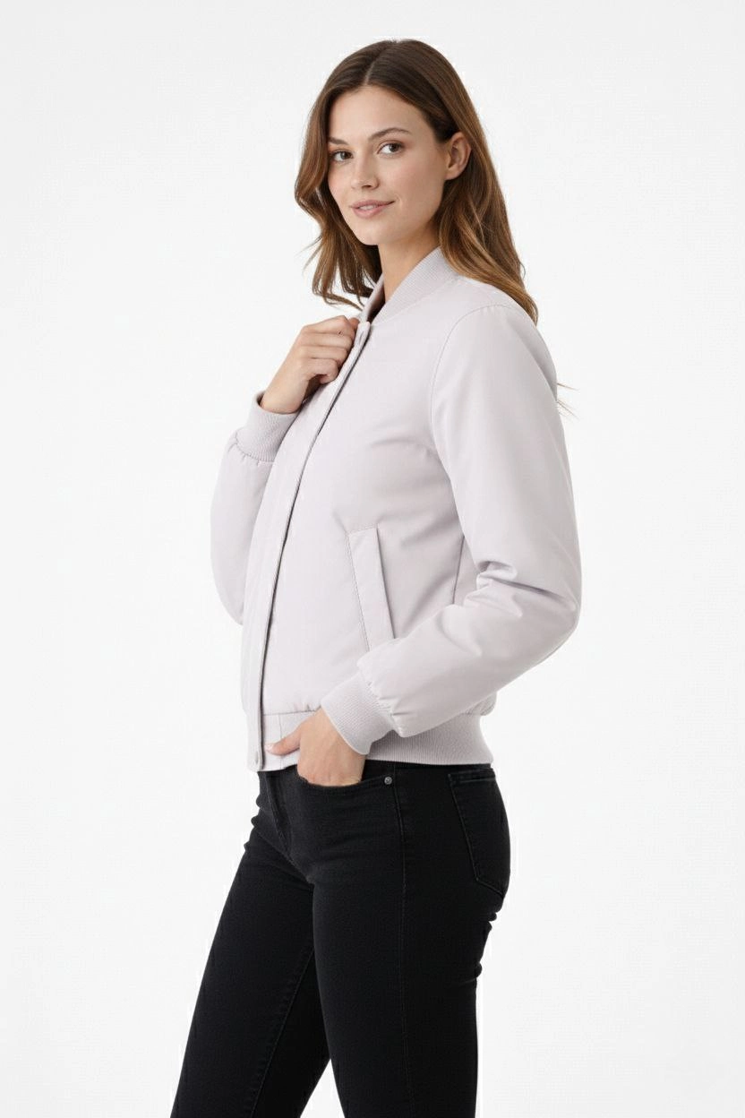 Kadın Premium Bomber Ceket Çıtçıt Kapamalı, Ribana Manşetli, Astarlı, Regular Fit Mont - Beyaz