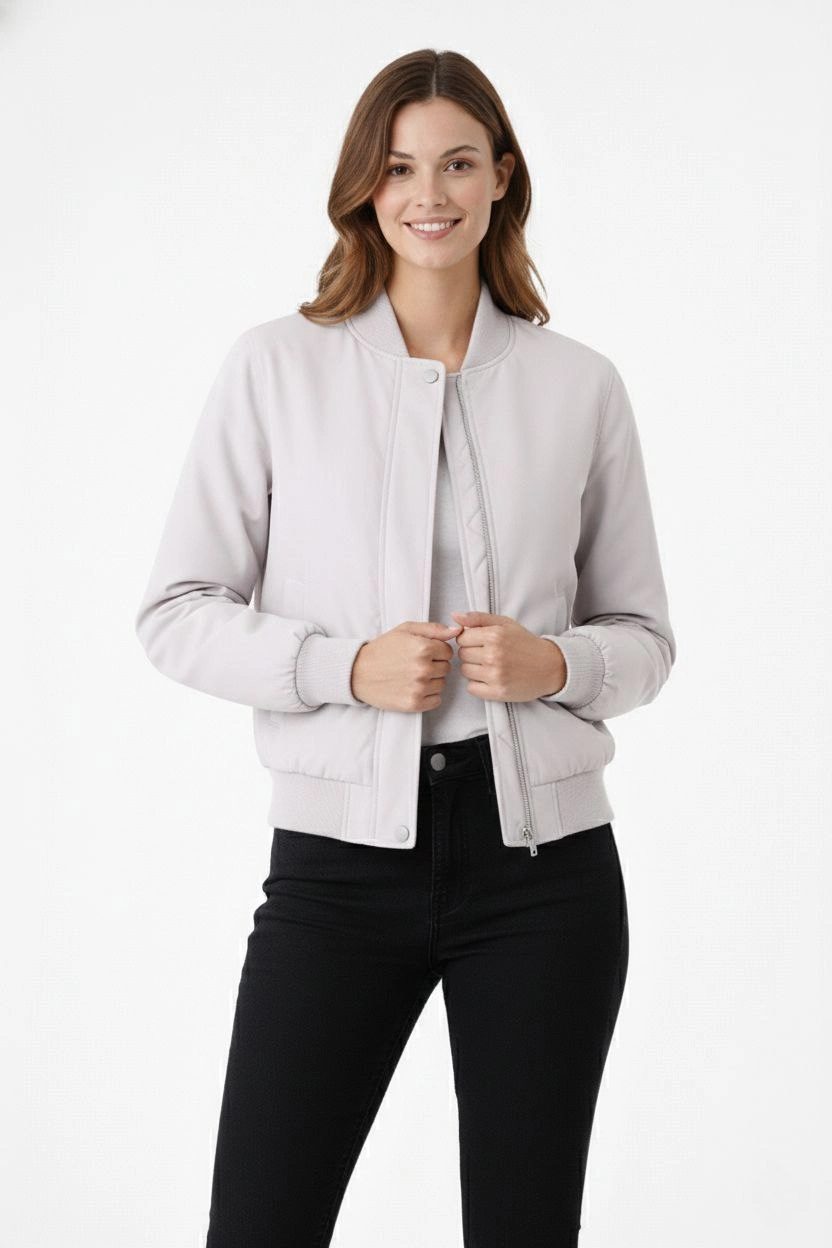 Kadın Premium Bomber Ceket Çıtçıt Kapamalı, Ribana Manşetli, Astarlı, Regular Fit Mont - Beyaz