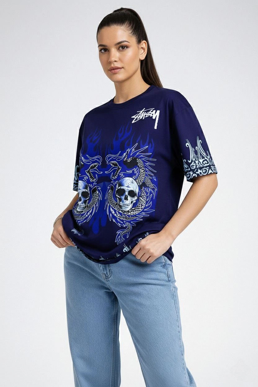 Kadın Lacivert Oversize Tişört Dragon & Kuru Kafa Baskılı Bisiklet Yaka T-Shirt - Lacivert