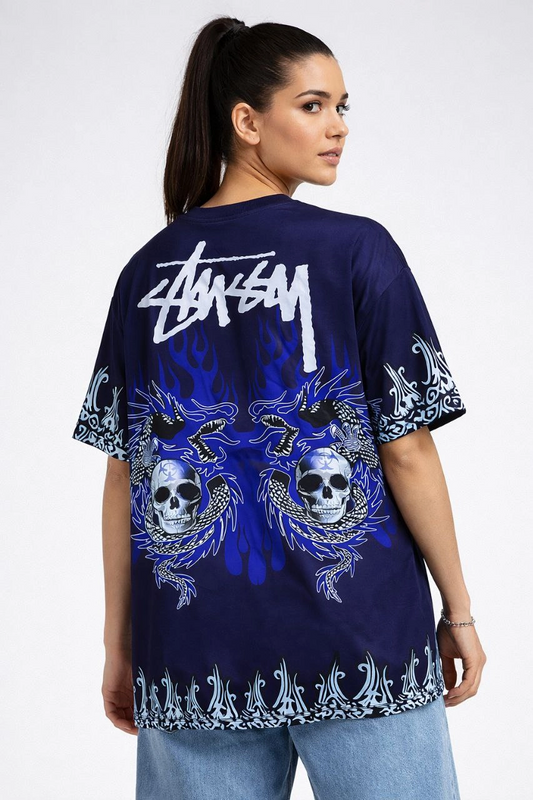 Kadın Lacivert Oversize Tişört Dragon & Kuru Kafa Baskılı Bisiklet Yaka T-Shirt - Lacivert
