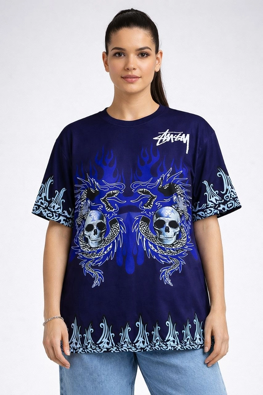 Kadın Lacivert Oversize Tişört Dragon & Kuru Kafa Baskılı Bisiklet Yaka T-Shirt - Lacivert