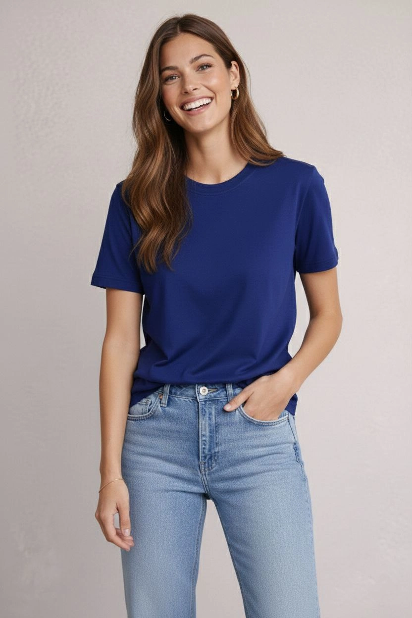 Kadın Osy Modal yumuşak dokulu Kumaş  Bisiklet Yaka T-shirt - Lacivert