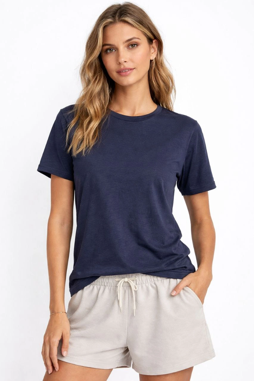 Kadın Osy Modal yumuşak dokulu Kumaş Bisiklet Yaka T-shirt - İndigo