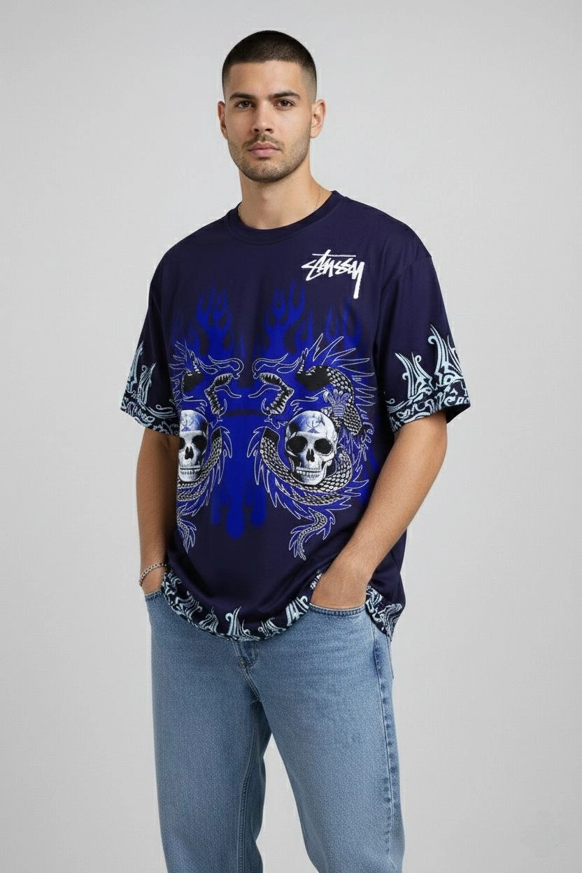 Erkek Lacivert Oversize Tişört Dragon Kuru Kafa Baskılı Bisiklet Yaka - Lacivert