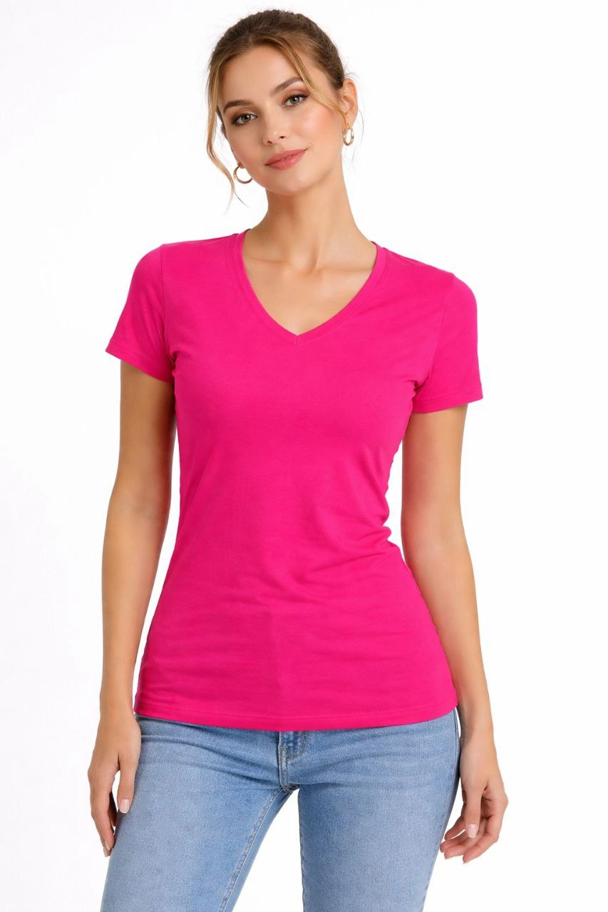 Kadın V Yaka Slim Fit Likralı Tişört - Pembe