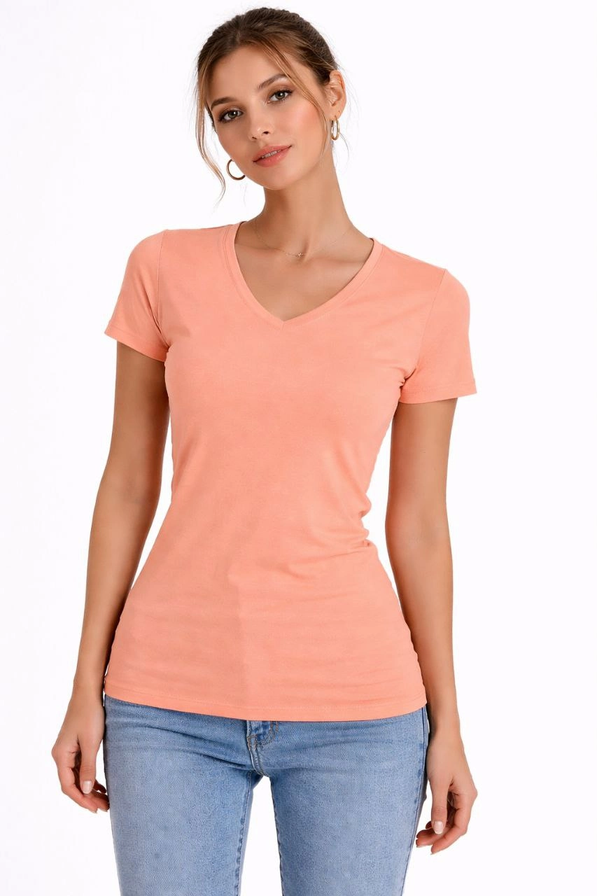 Kadın V Yaka Slim Fit Likralı Tişört - Toz Pembe