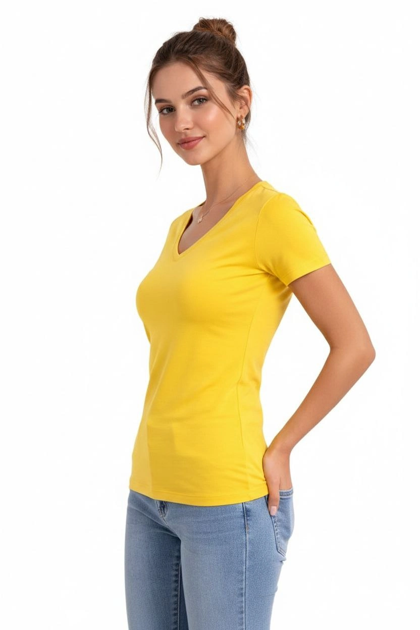 Kadın V Yaka Slim Fit Likralı Tişört - Sarı