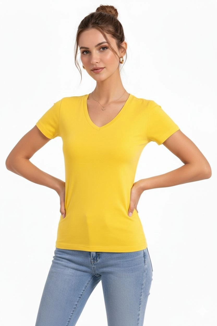 Kadın V Yaka Slim Fit Likralı Tişört - Sarı