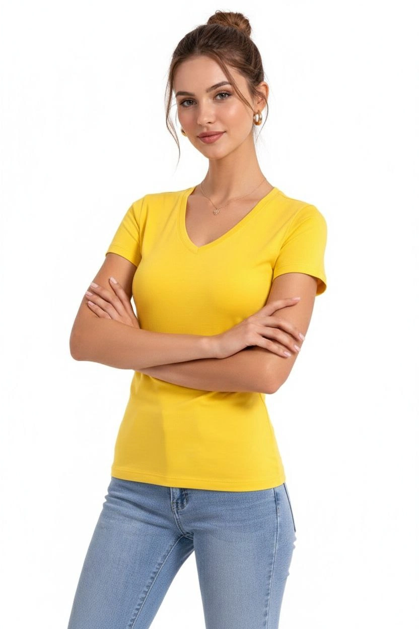 Kadın V Yaka Slim Fit Likralı Tişört - Sarı