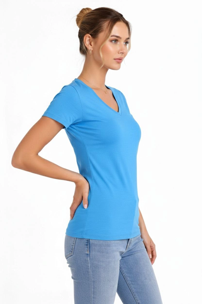 Kadın V Yaka Slim Fit Likralı Tişört - Açık Mavi