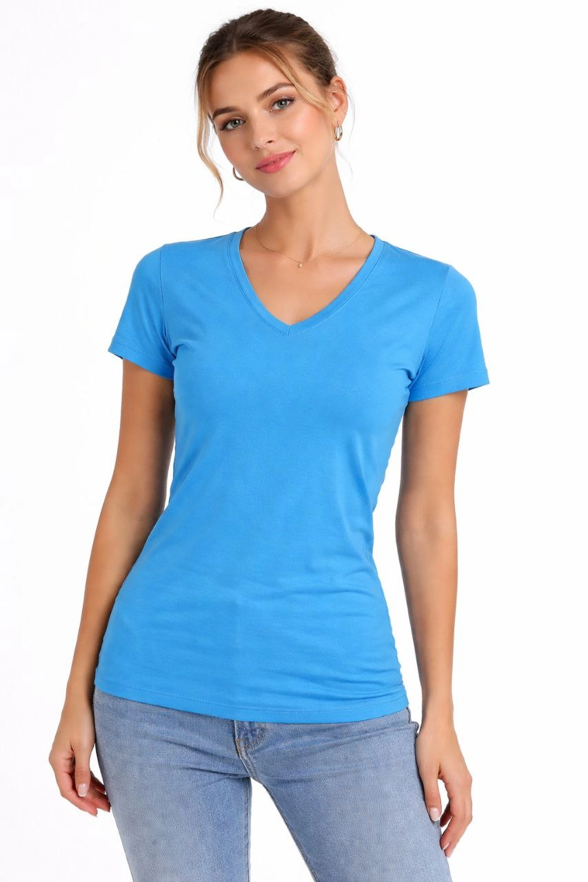 Kadın V Yaka Slim Fit Likralı Tişört - Açık Mavi
