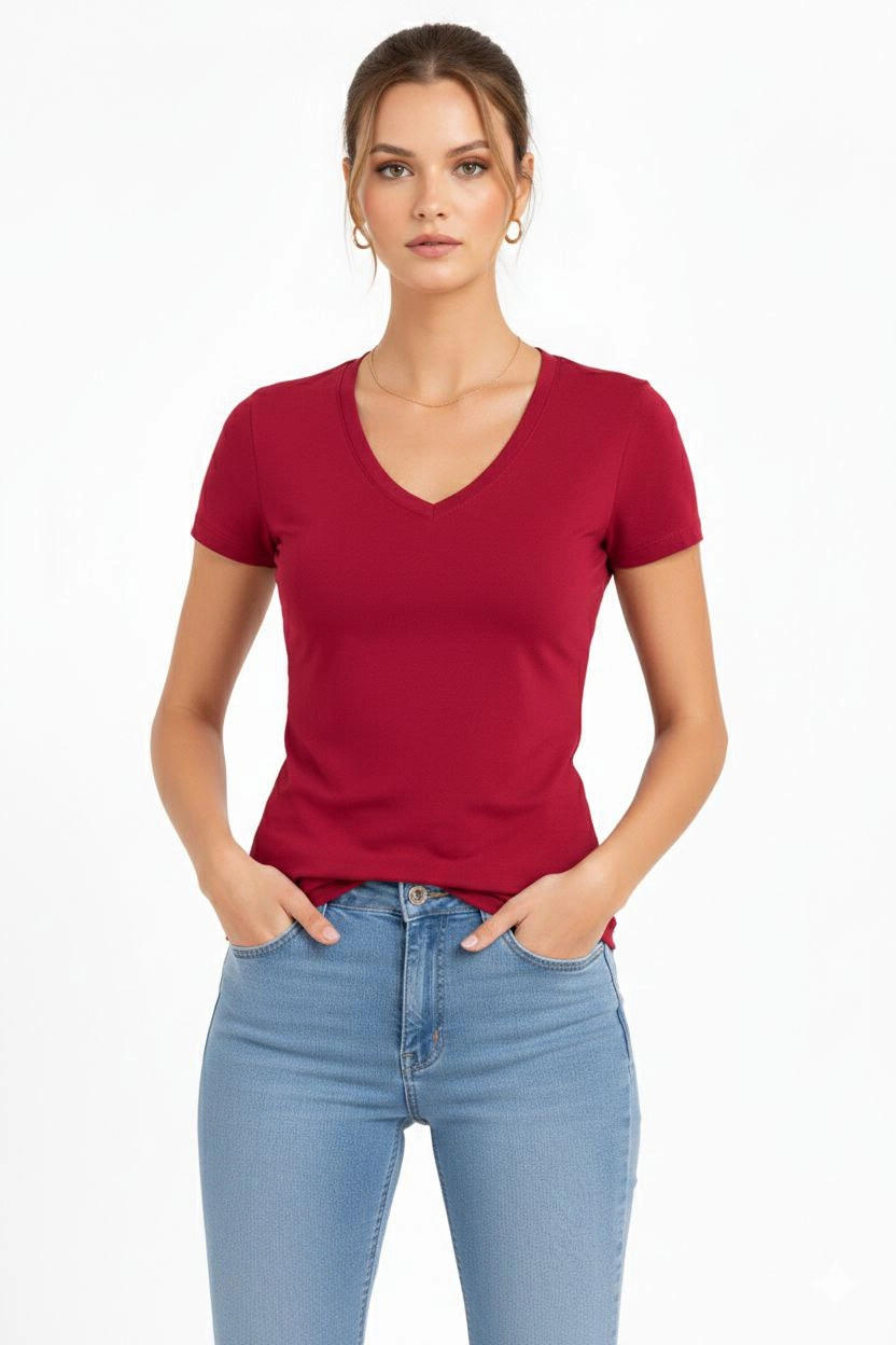 Kadın V Yaka Slim Fit Likralı Tişört - Bordo