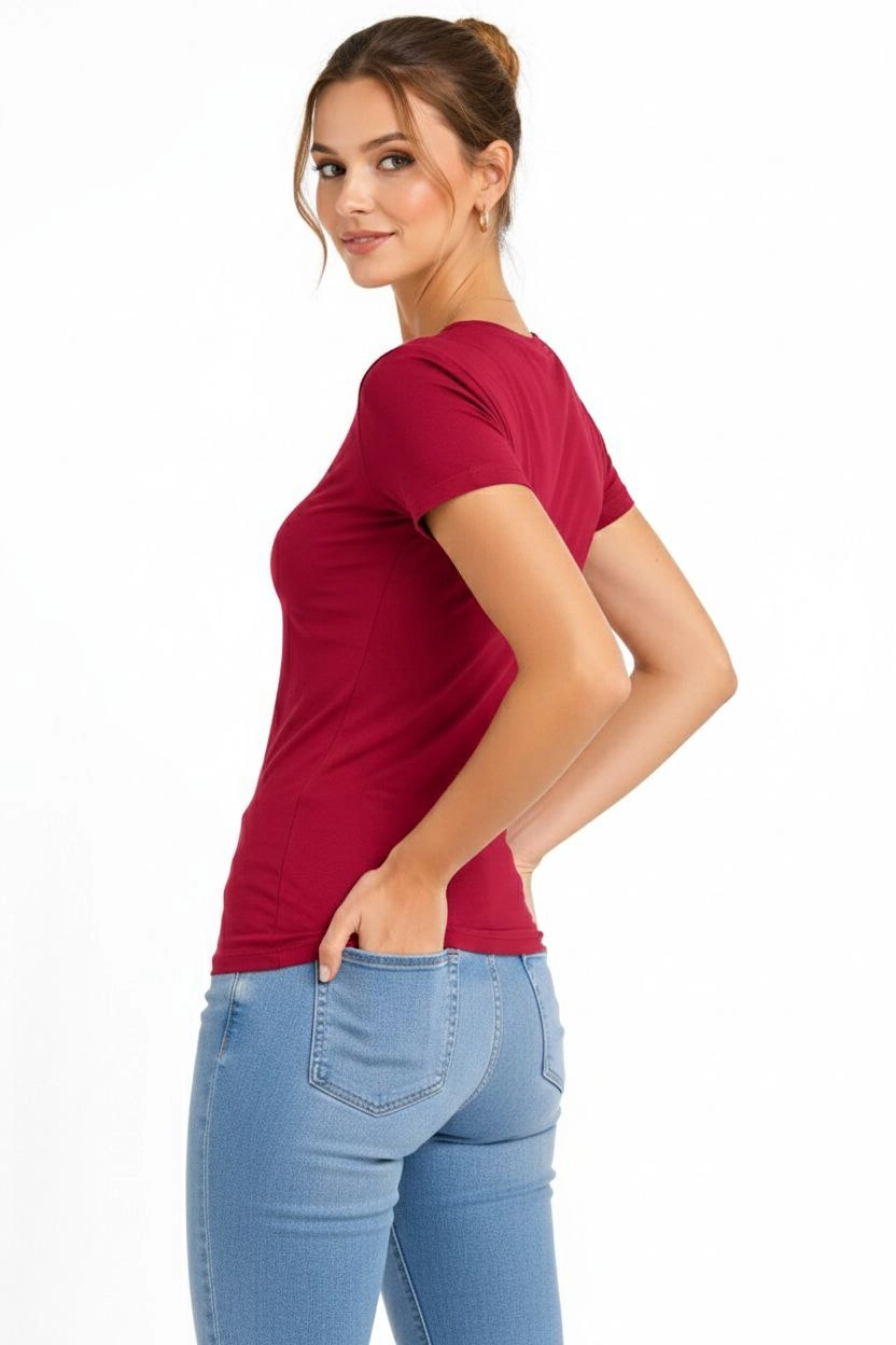 Kadın V Yaka Slim Fit Likralı Tişört - Bordo
