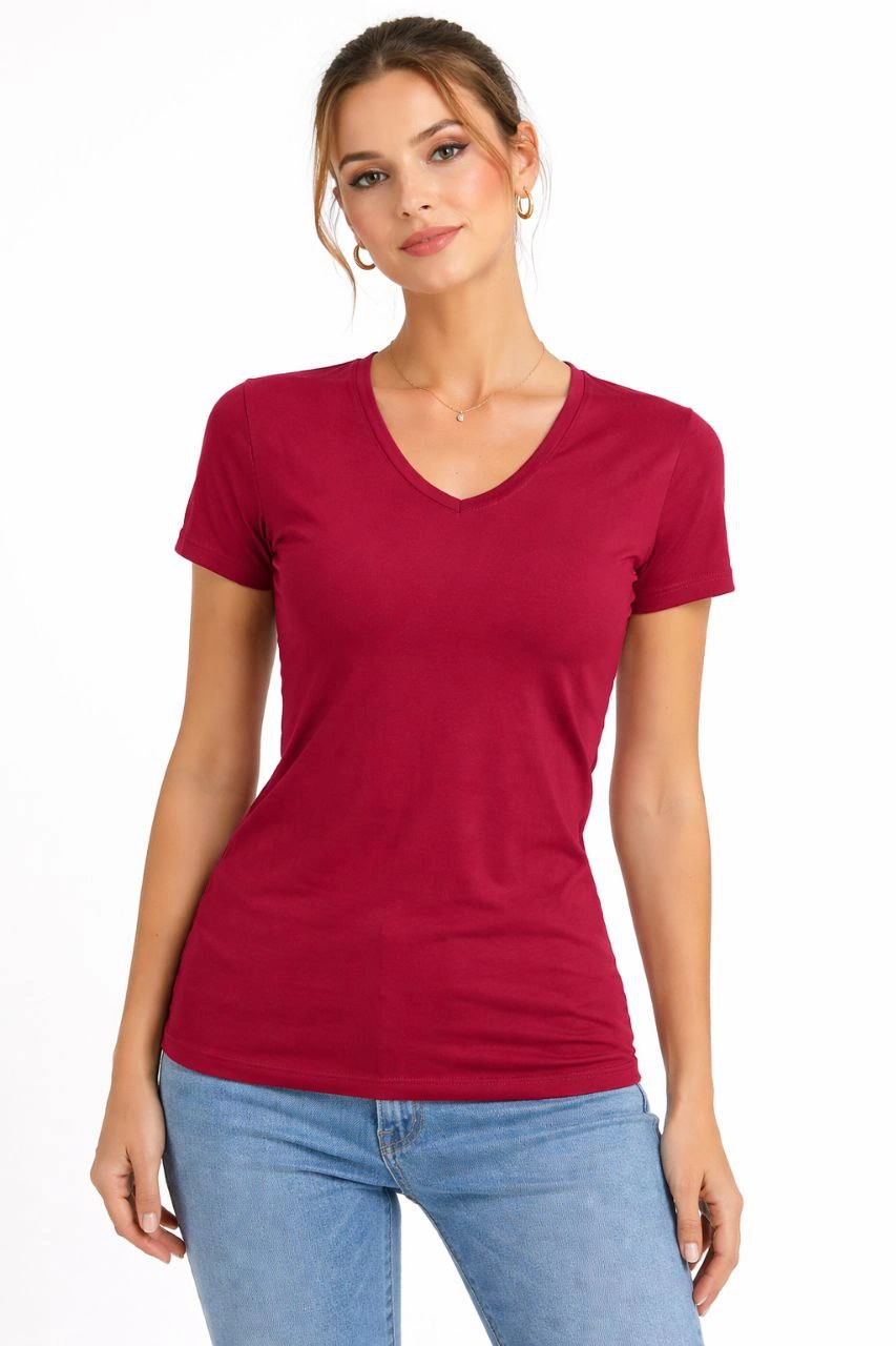 Kadın V Yaka Slim Fit Likralı Tişört - Bordo