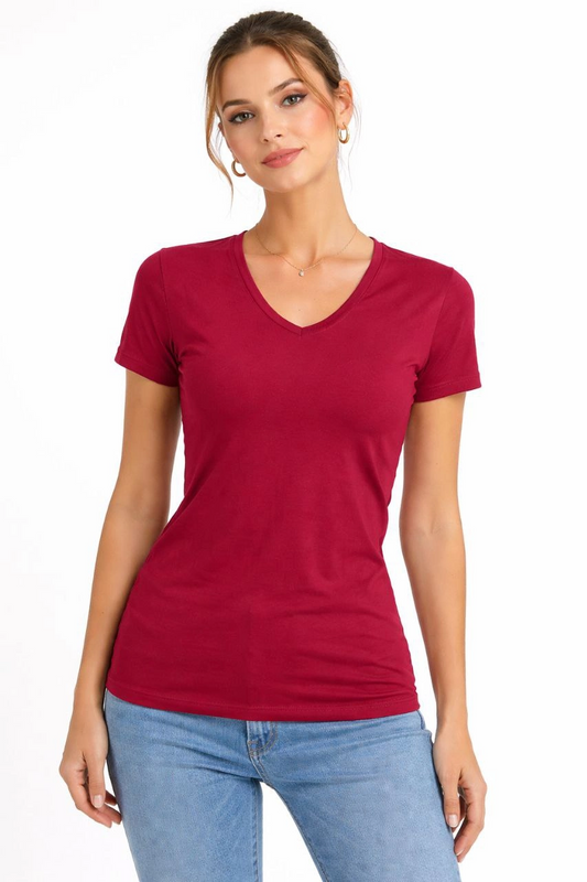 Kadın V Yaka Slim Fit Likralı Tişört - Bordo