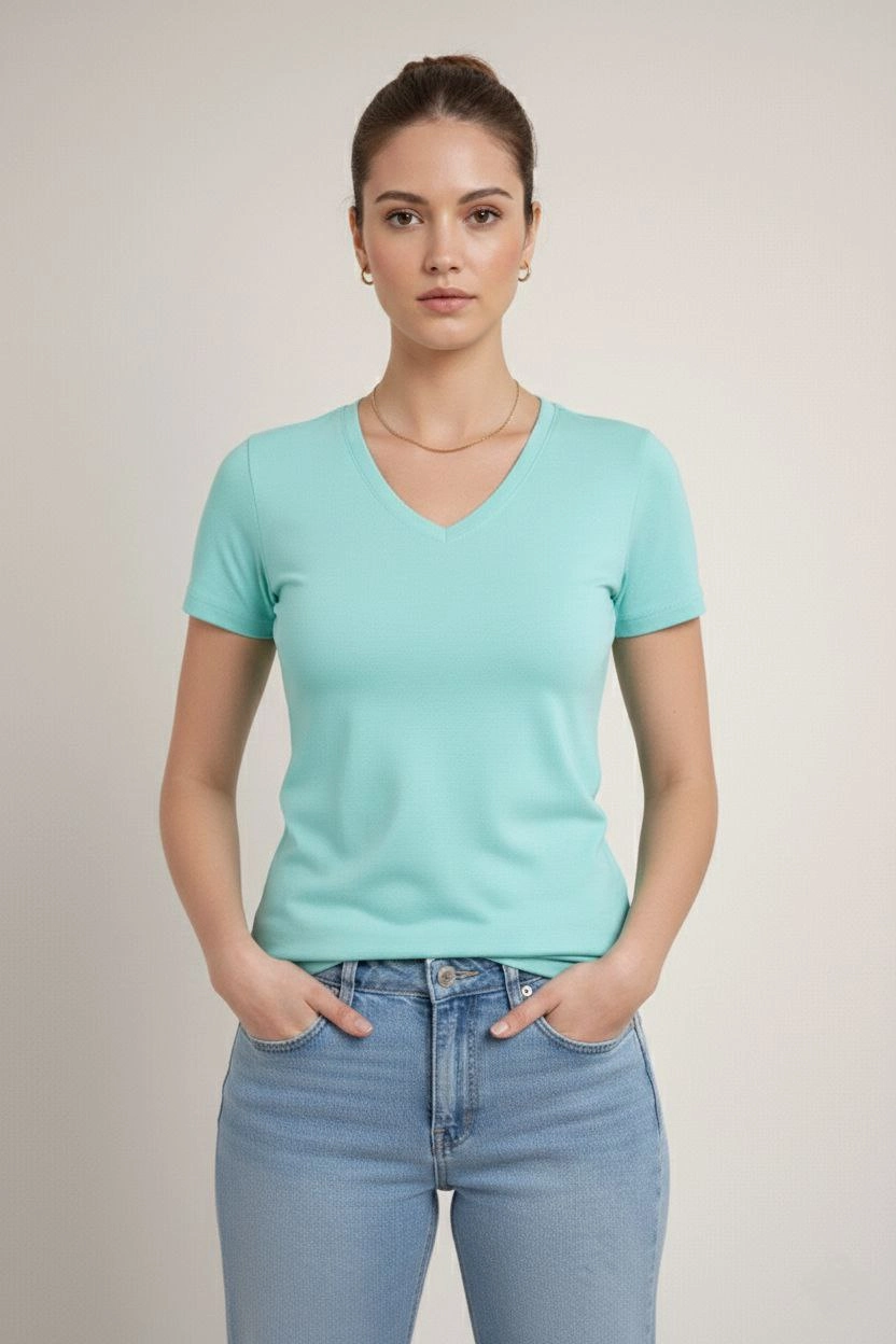 Kadın V Yaka Slim Fit Likralı Tişört - Turkuvaz