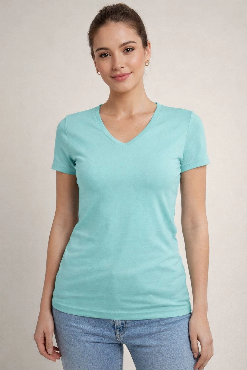 Kadın V Yaka Slim Fit Likralı Tişört - Turkuvaz