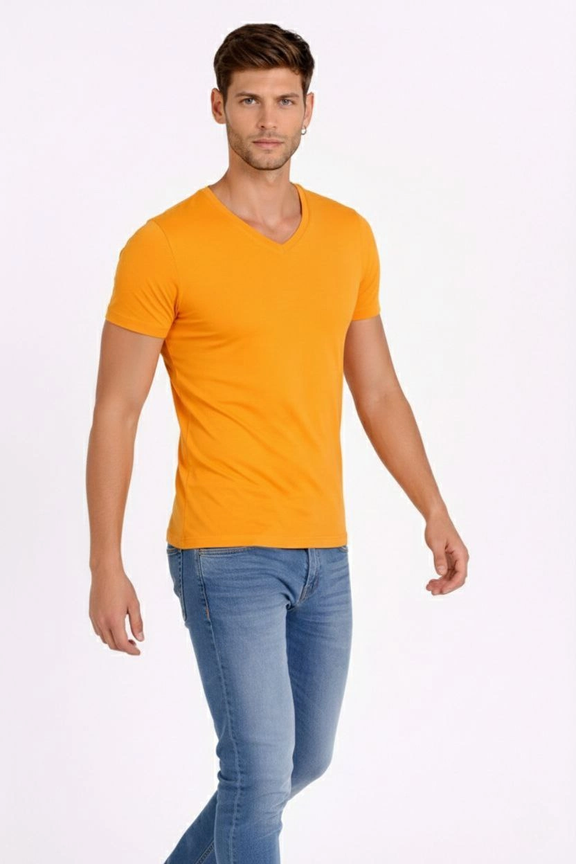 Erkek V Yaka Slim Fit dar kesim Likralı Tişört - Sarı