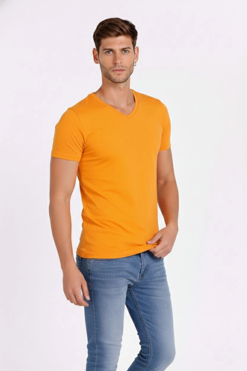 Erkek V Yaka Slim Fit dar kesim Likralı Tişört - Sarı