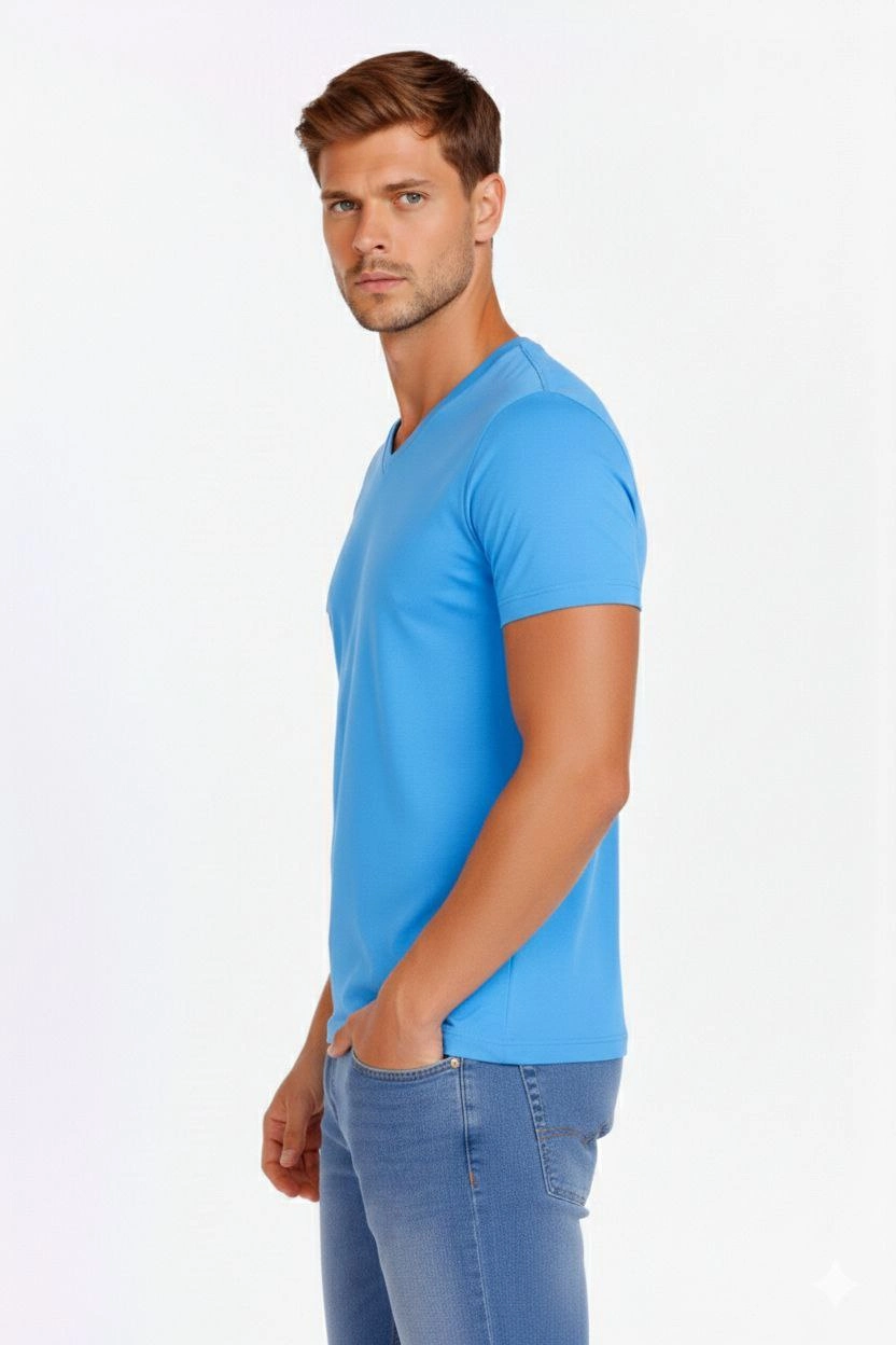 Erkek V Yaka Slim Fit dar kesim Likralı Tişört - Açık Mavi