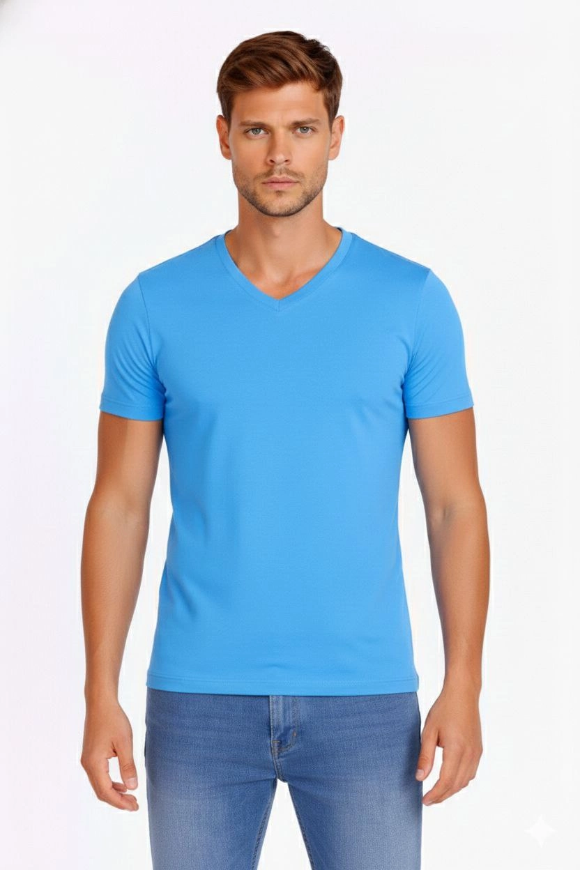 Erkek V Yaka Slim Fit dar kesim Likralı Tişört - Açık Mavi