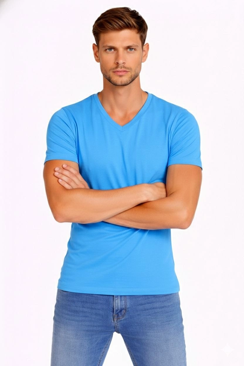 Erkek V Yaka Slim Fit dar kesim Likralı Tişört - Açık Mavi