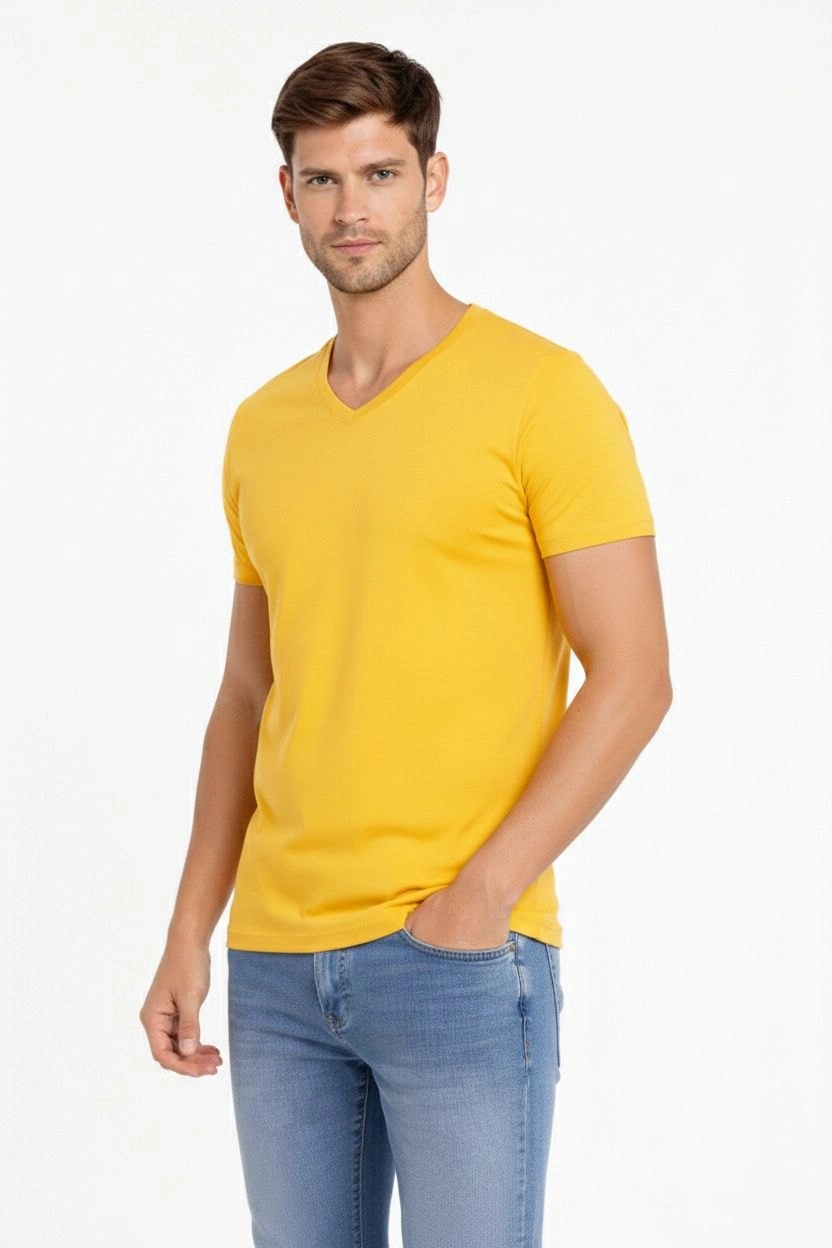 Erkek V Yaka Slim Fit dar kesim Likralı Tişört - Limon