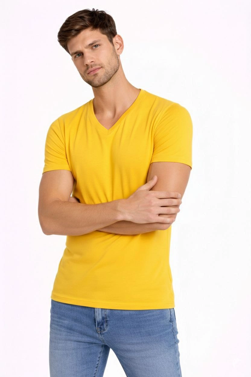 Erkek V Yaka Slim Fit dar kesim Likralı Tişört - Limon
