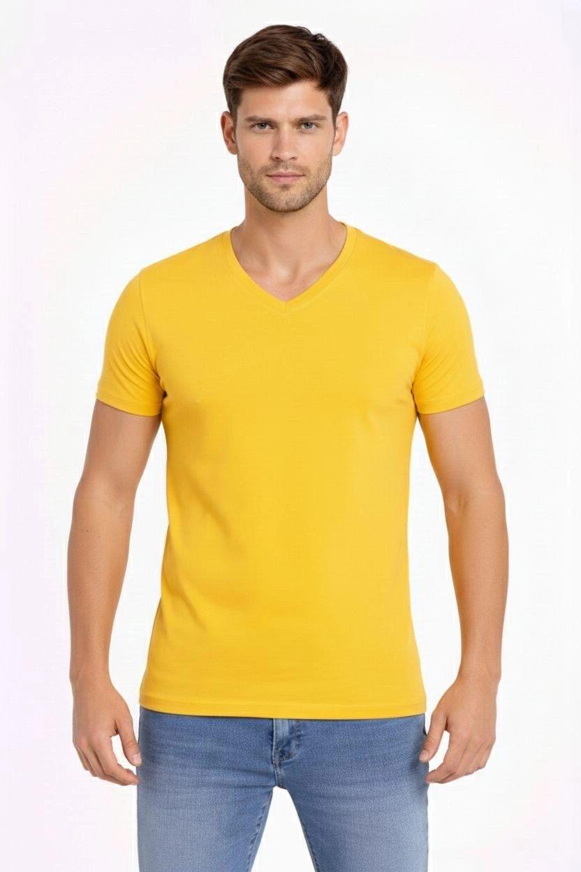 Erkek V Yaka Slim Fit dar kesim Likralı Tişört - Limon