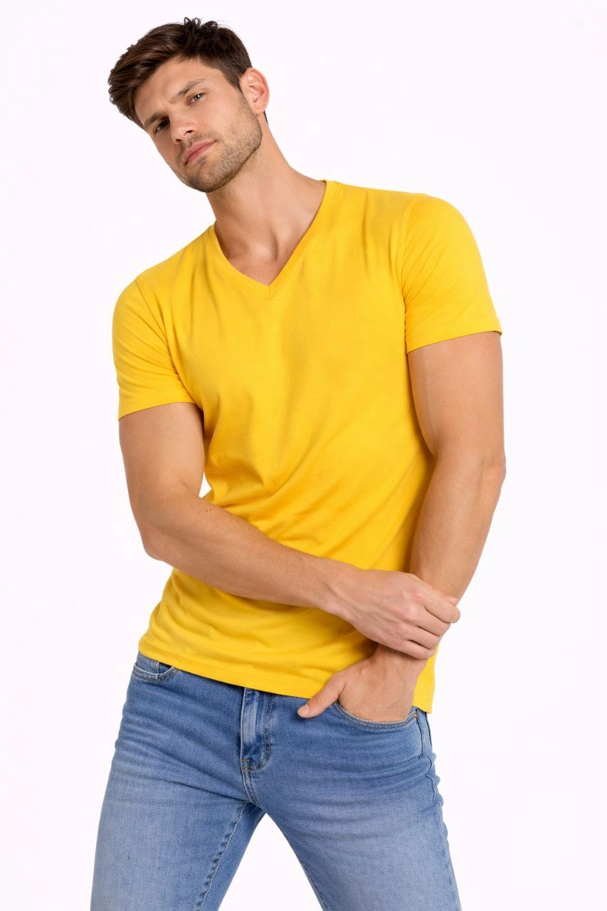 Erkek V Yaka Slim Fit dar kesim Likralı Tişört - Limon