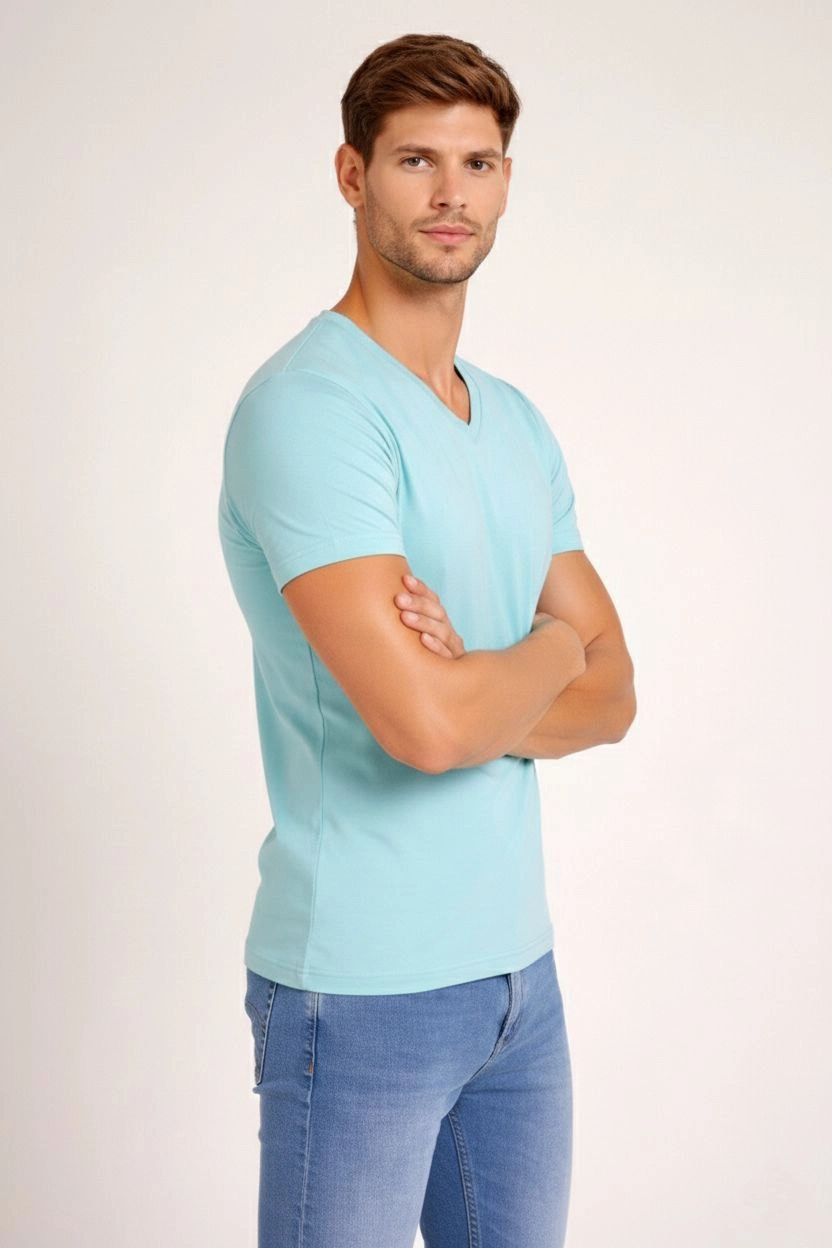 Erkek V Yaka Slim Fit dar kesim Likralı Tişört - Turkuvaz