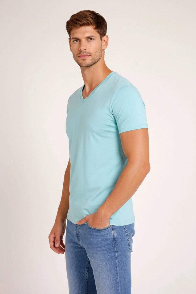 Erkek V Yaka Slim Fit dar kesim Likralı Tişört - Turkuvaz