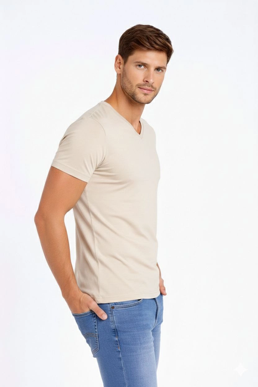 Erkek V Yaka Slim Fit dar kesim Likralı Tişört - Taş