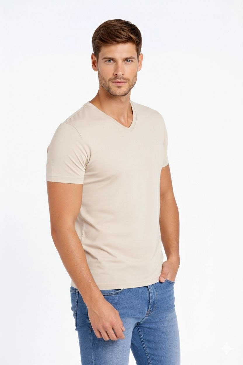 Erkek V Yaka Slim Fit dar kesim Likralı Tişört - Taş