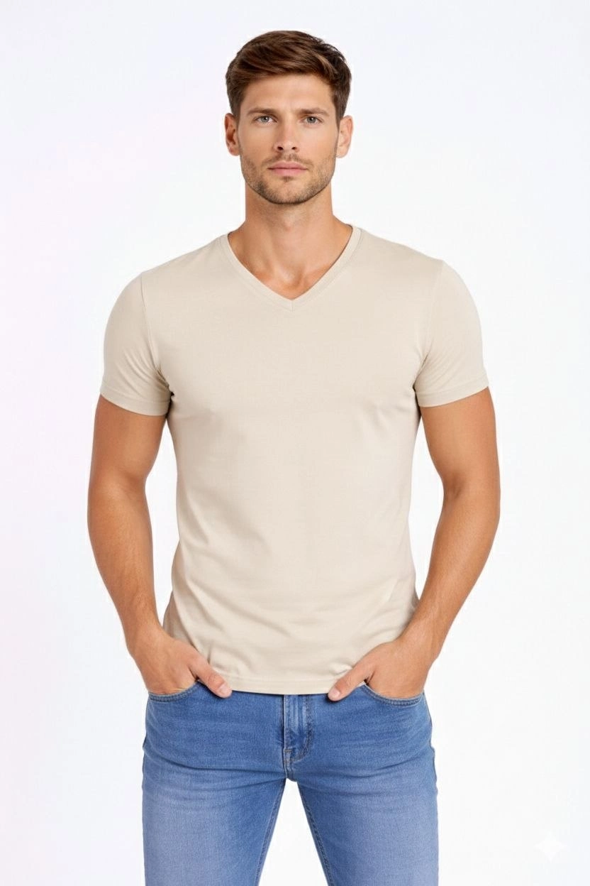 Erkek V Yaka Slim Fit dar kesim Likralı Tişört - Taş