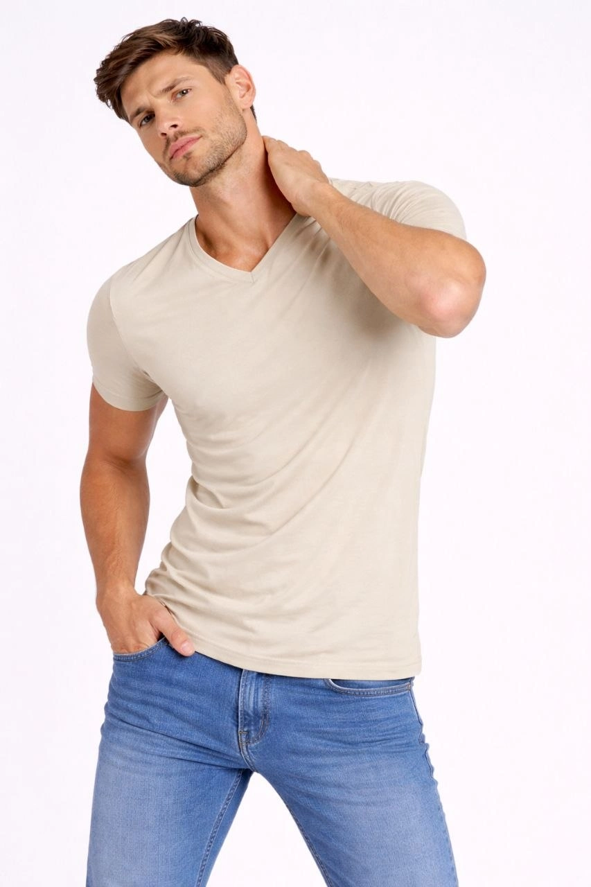 Erkek V Yaka Slim Fit dar kesim Likralı Tişört - Taş