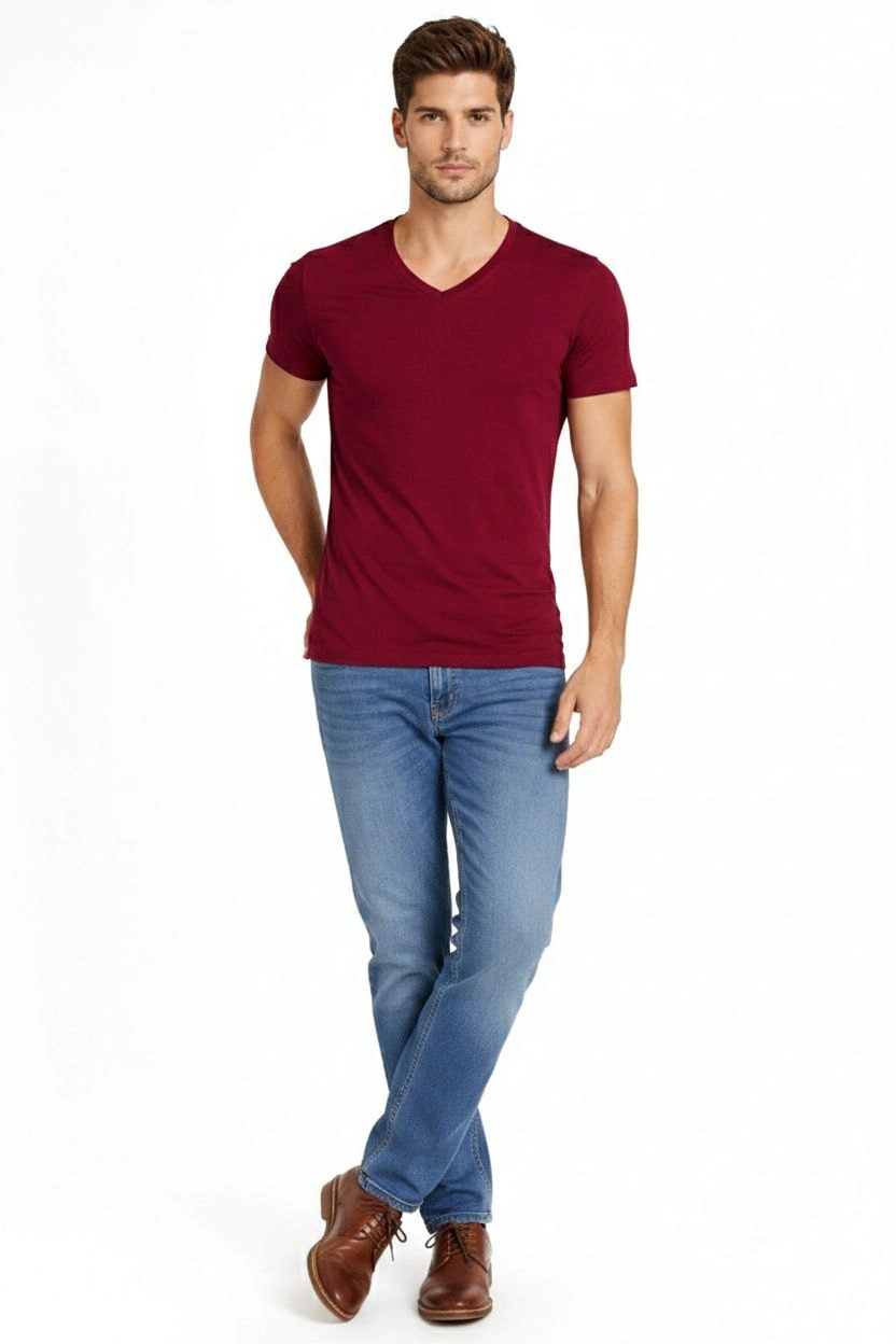 Erkek V Yaka Slim Fit dar kesim Likralı Tişört - Bordo