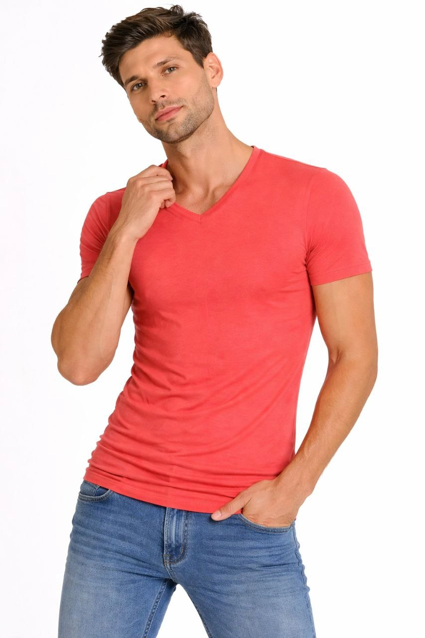 Erkek V Yaka Slim Fit dar kesim Likralı Tişört - Nar Çiçeği