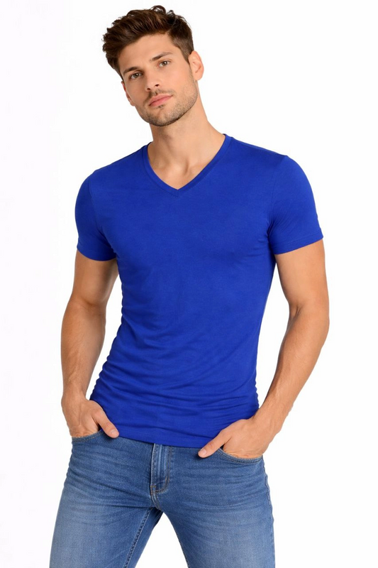 Erkek V Yaka Slim Fit dar kesim Likralı Tişört - Saks Mavisi